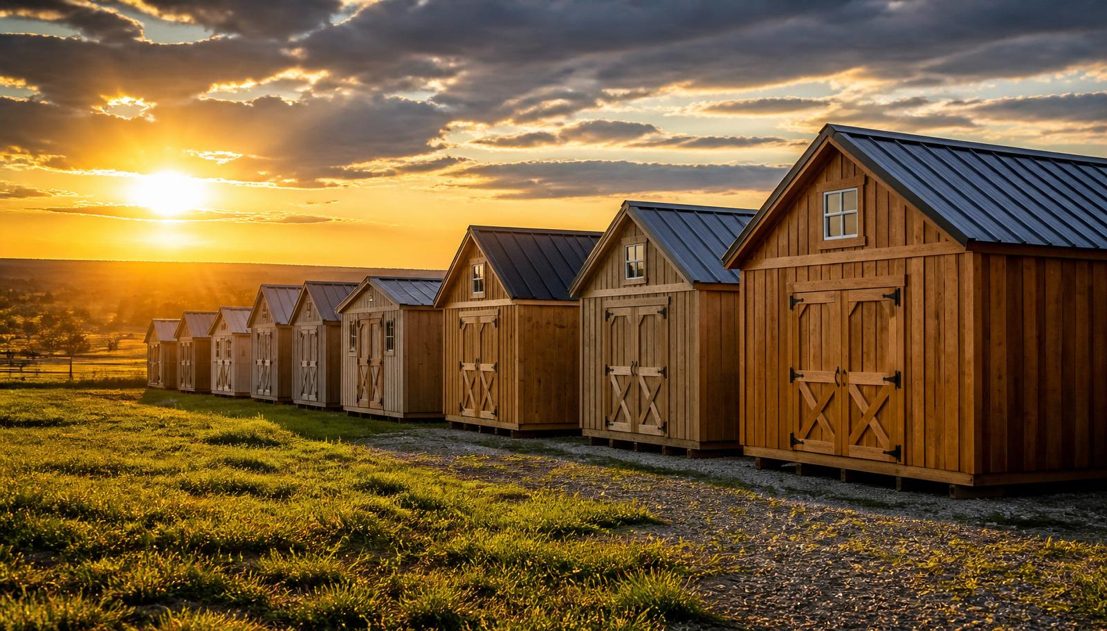 Row of sheds at golden hour
